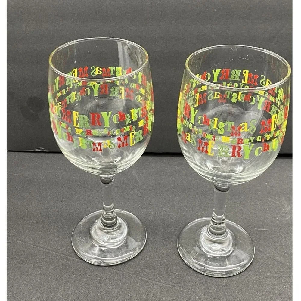 VTG Y2K Merry Christmas Libbey Wine Glasses Lot of 2 Holiday Barware‎ Red Green